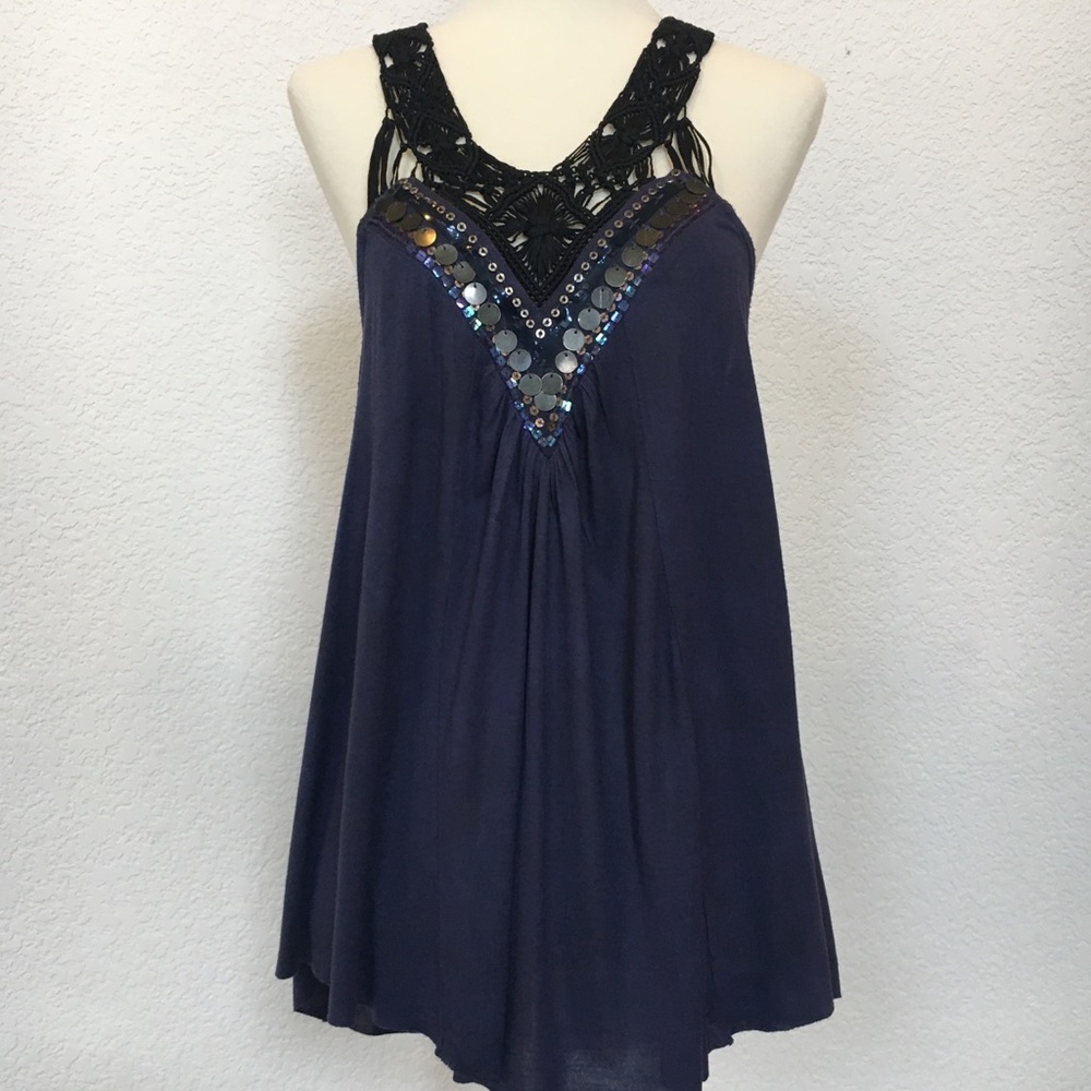 Free people navy beaded macrame top sz S